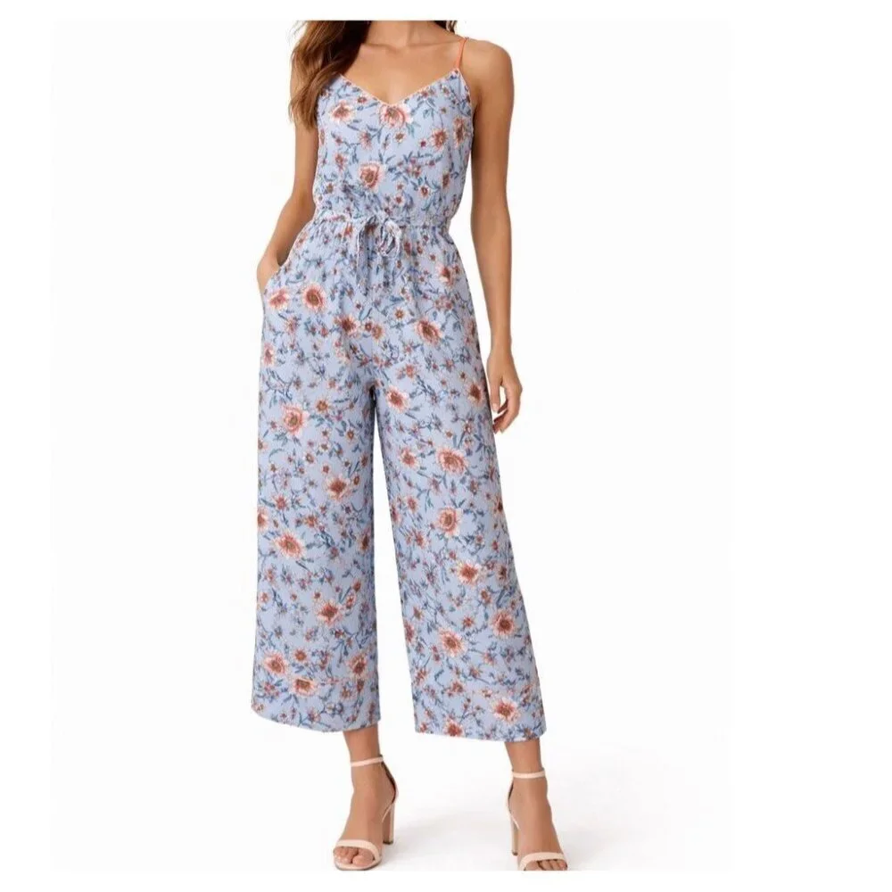 Leith Womens Kelsey Floral Wide Leg Jumpsuit Belt Lined Spring Wedding XXS blue